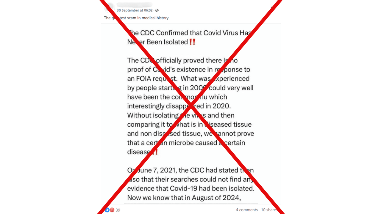 Crossed out Facebook post saying COVID virus has never been isolated.