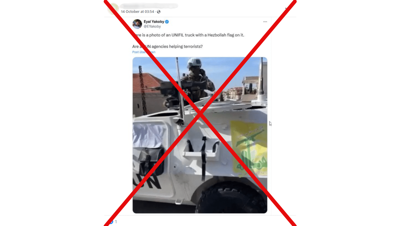 Crossed out Facebook post claiming UN is flying Hezbollah flag