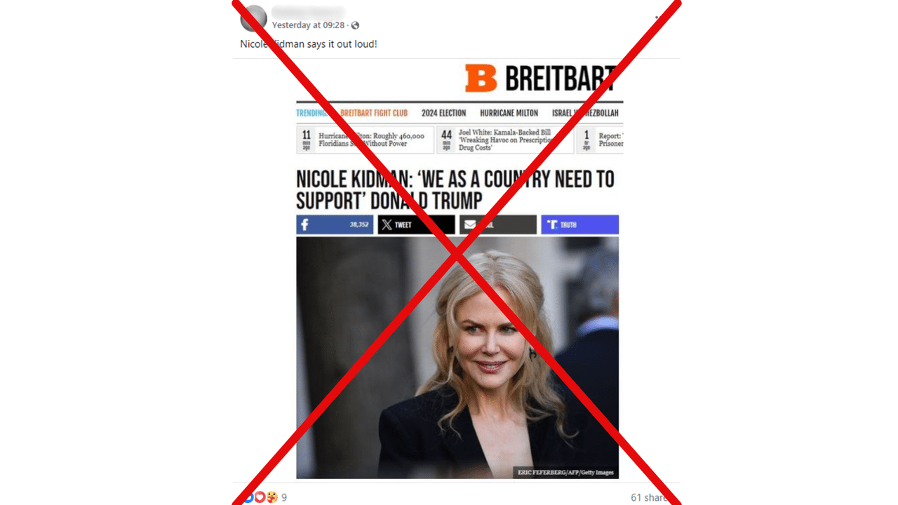 Facebook post claiming Nicole Kidman endorsed Donald Trump for 2024