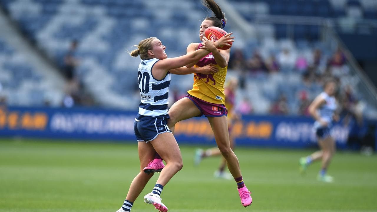 Geelong's Zali Friswell (left) and Brisbane's Jade Ellenger.