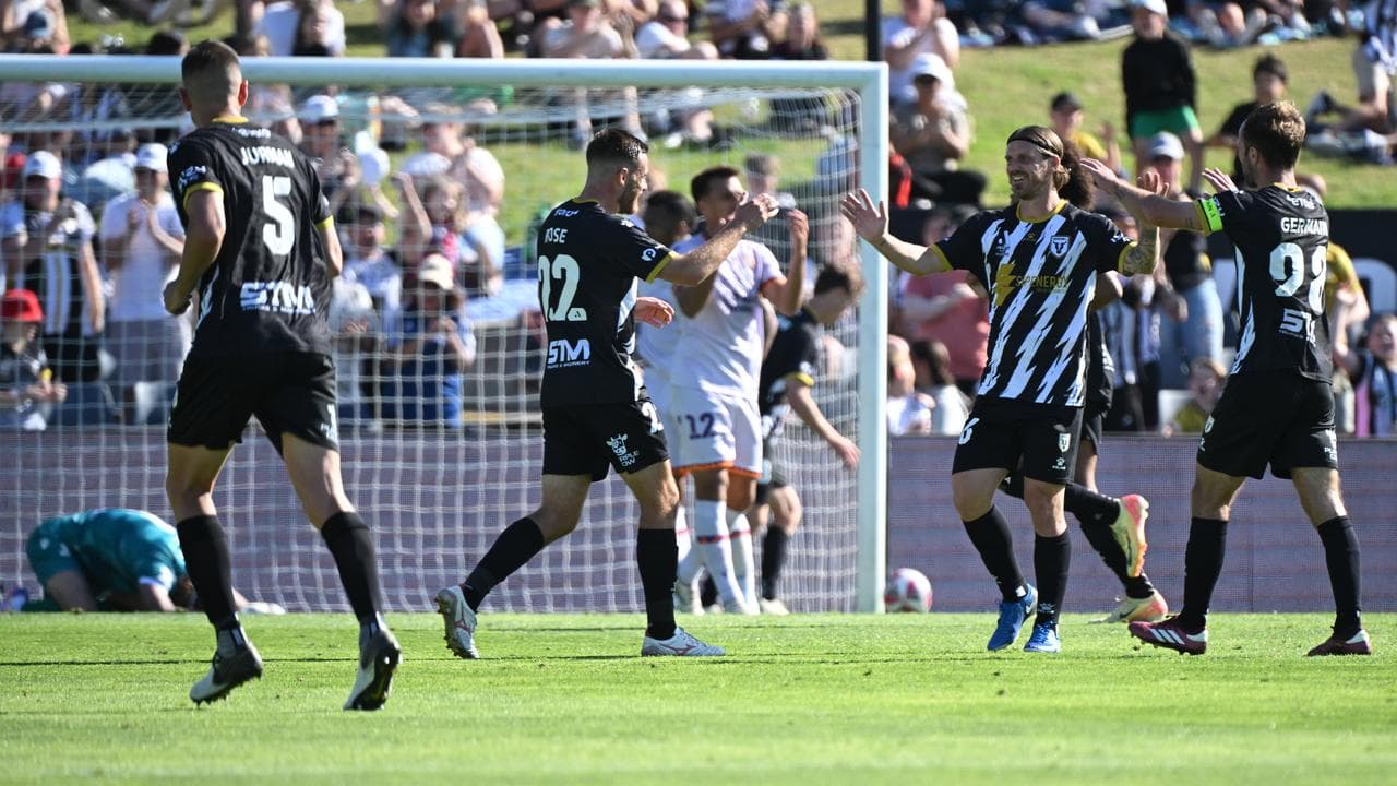 Bulls players celebrate a goal from Marin Jakolis.