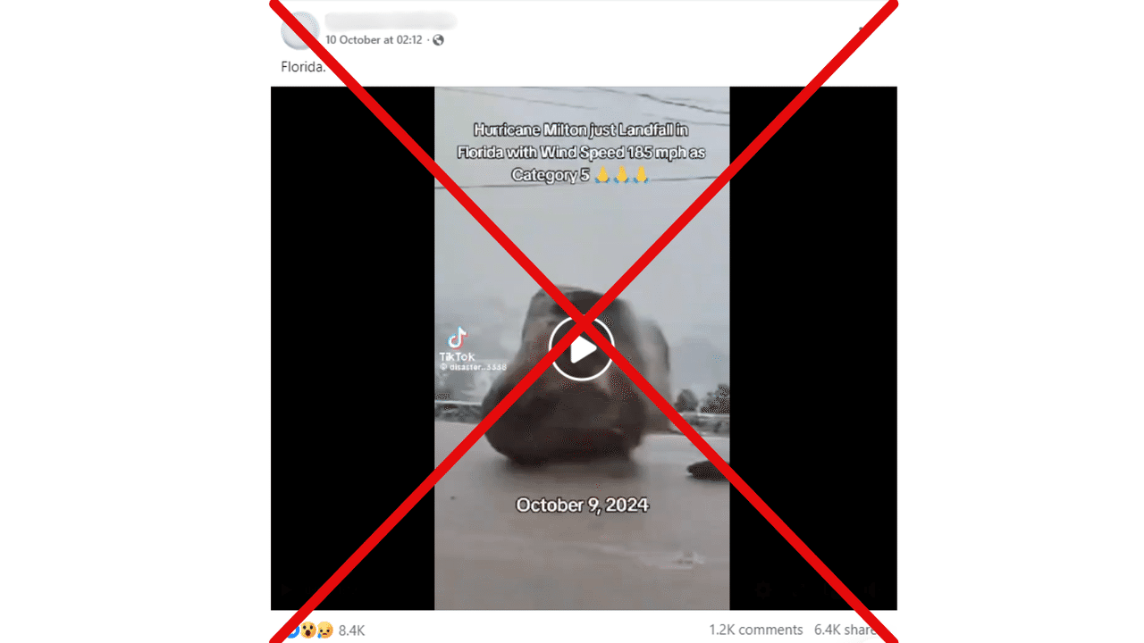 Crossed out Facebook post sharing fake Hurricane Milton footage.