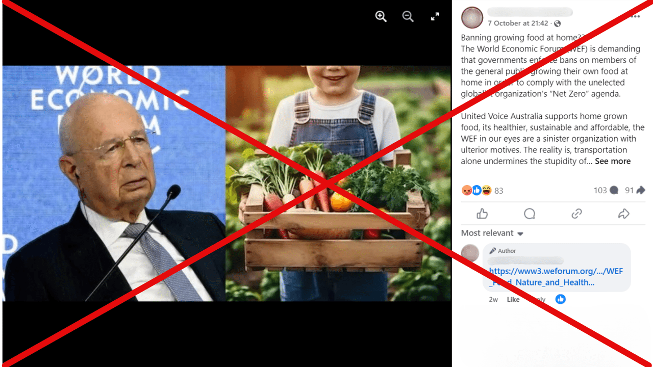 Crossed-out Fbook post claiming WEF wants to ban home-grown food