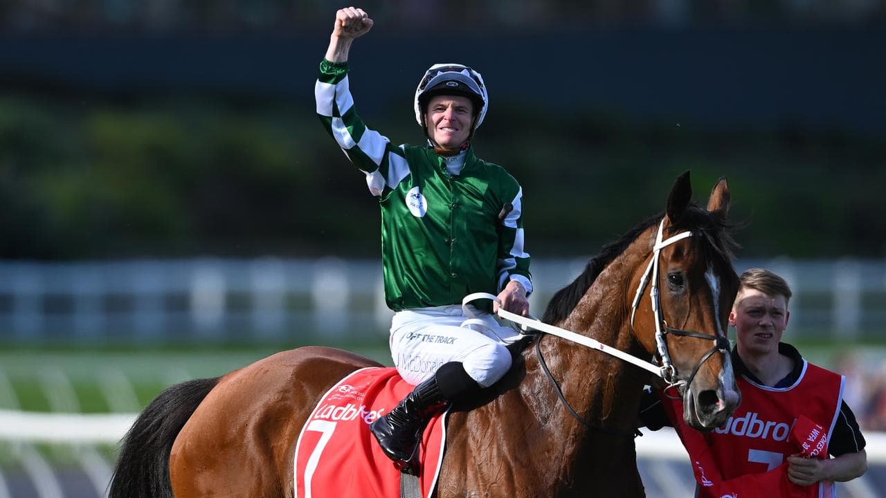 James McDonald salutes the crowd after his Cox Plate win.