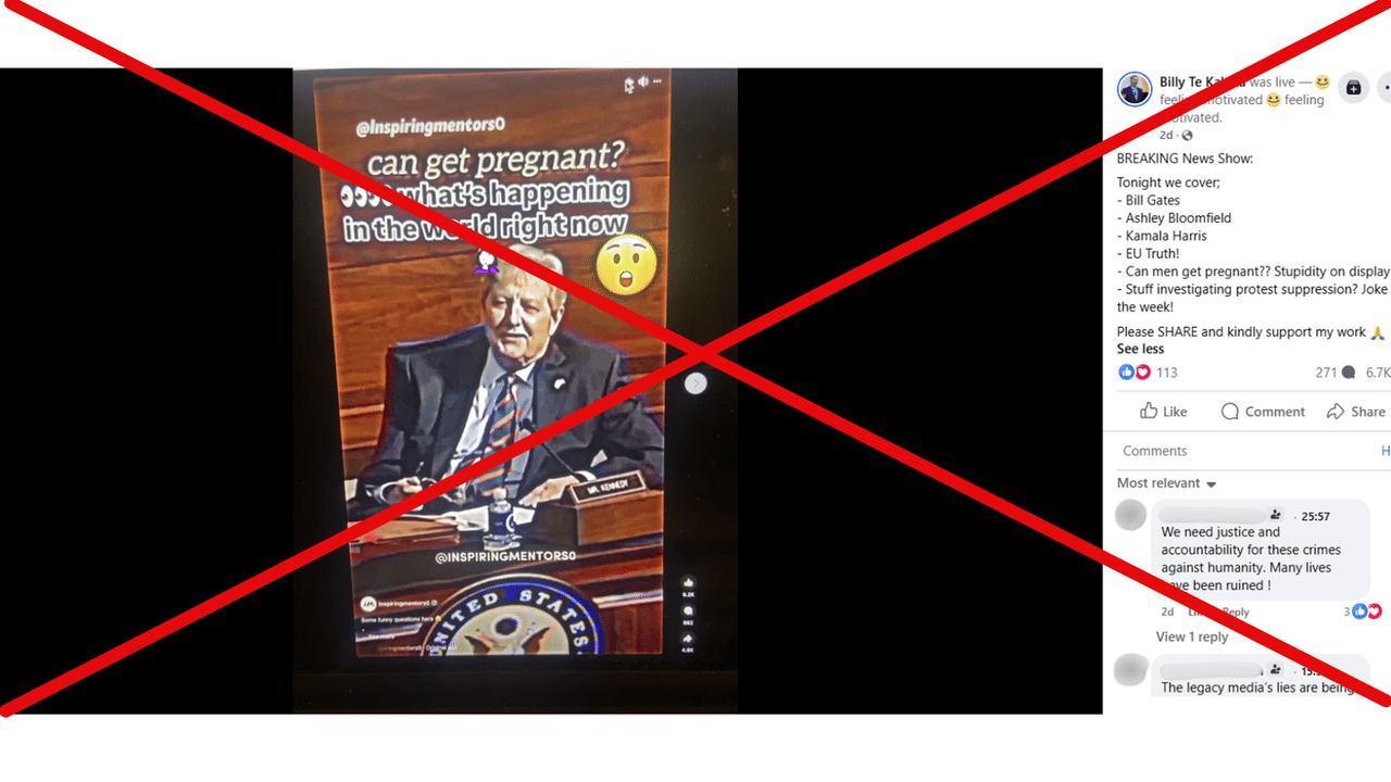 Crossed out Facebook post sharing fake video about male pregnancy.