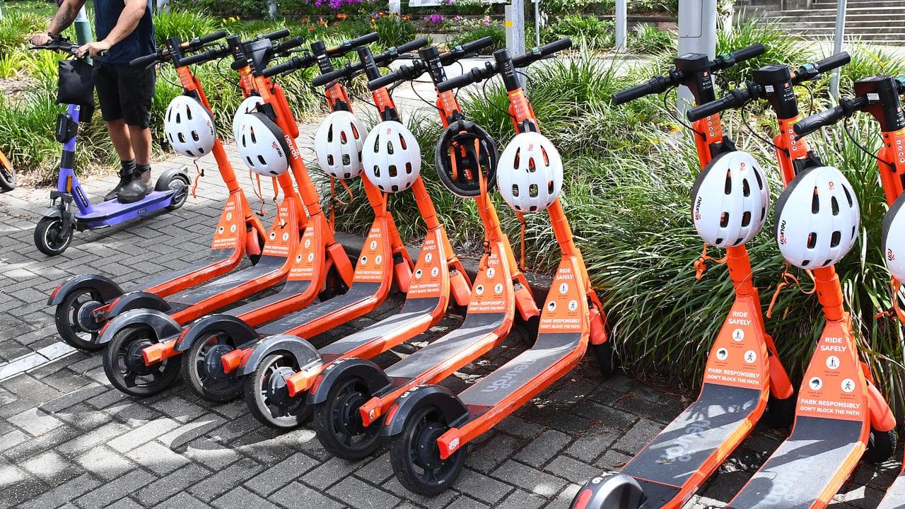 E-scooters parked in a row
