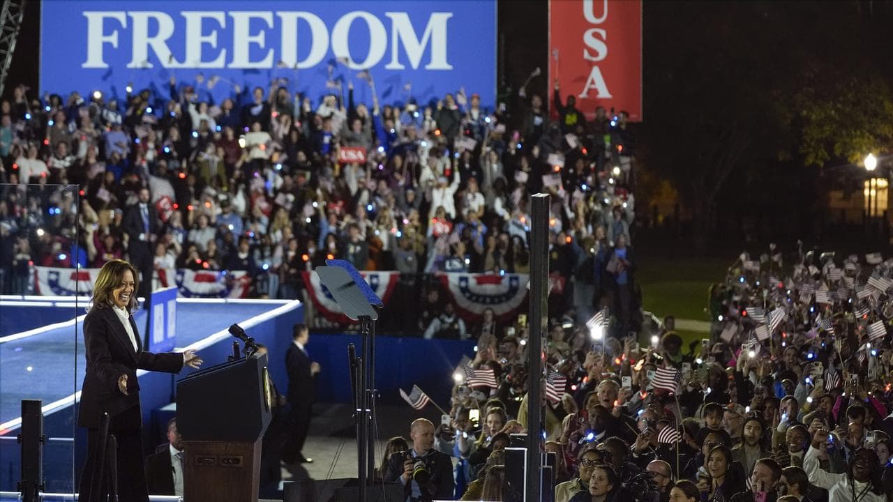 Kamala Harris speaks during a rally on the Ellipse in Washington