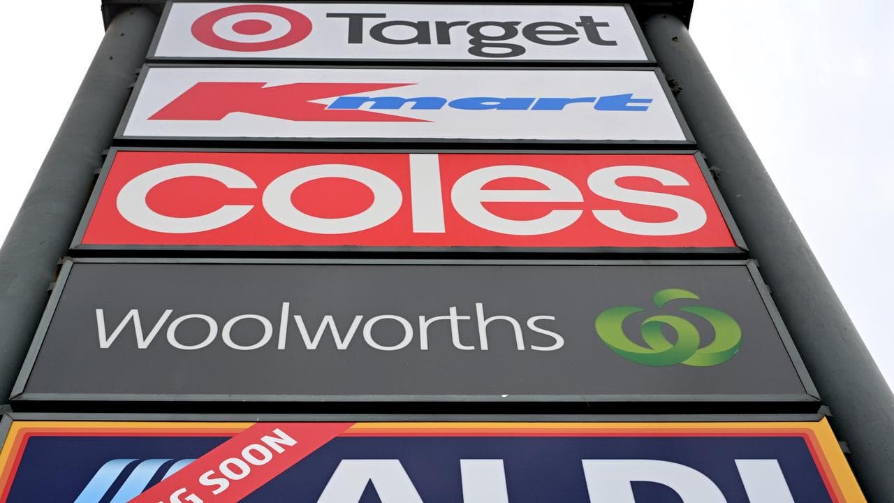 Signs for companies Target, Kmart, Coles, Woolworths and Aldi