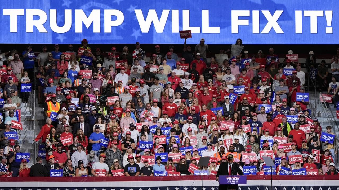 Donald Trump at a campaign rally at Atrium Health Amphitheater
