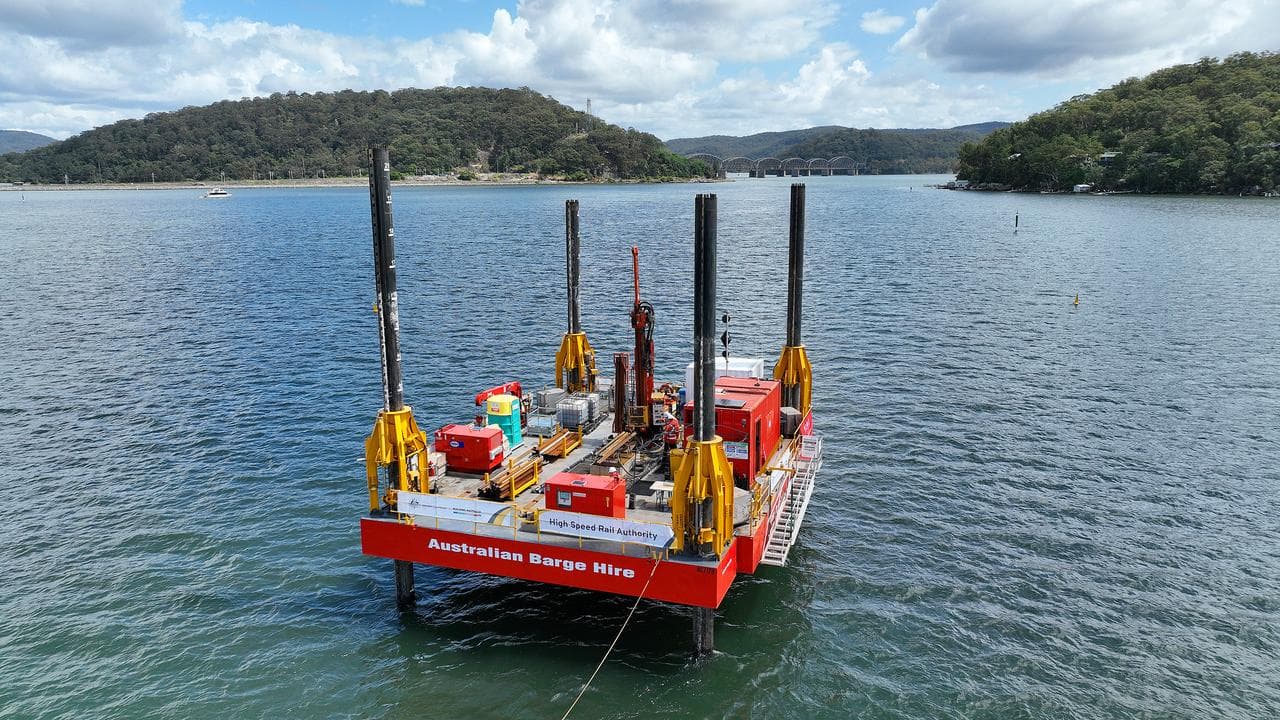 A drilling rig on a barge in the Hawkesbury River