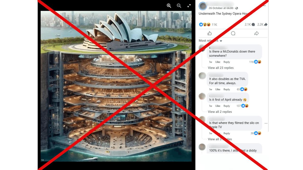 Crossed out Facebook post featuring fake image of Sydney Opera House.