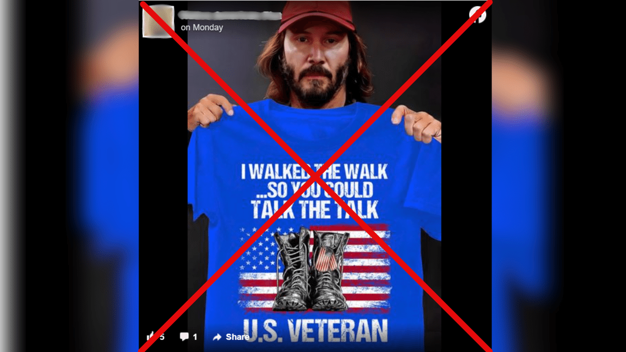 Facebook post: Keanu Reeves supposedly promoting a US veterans T-shirt