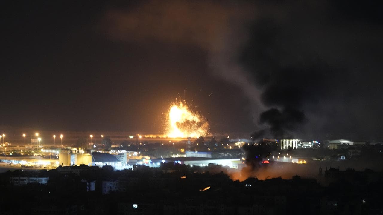 Smoke and fire rise from Israeli air strikes in Dahiyeh, Beirut