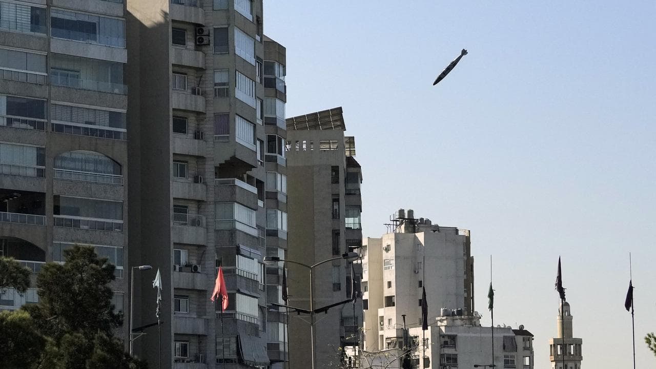 An Israeli bomb before it hits a building in Tayouneh, Beirut