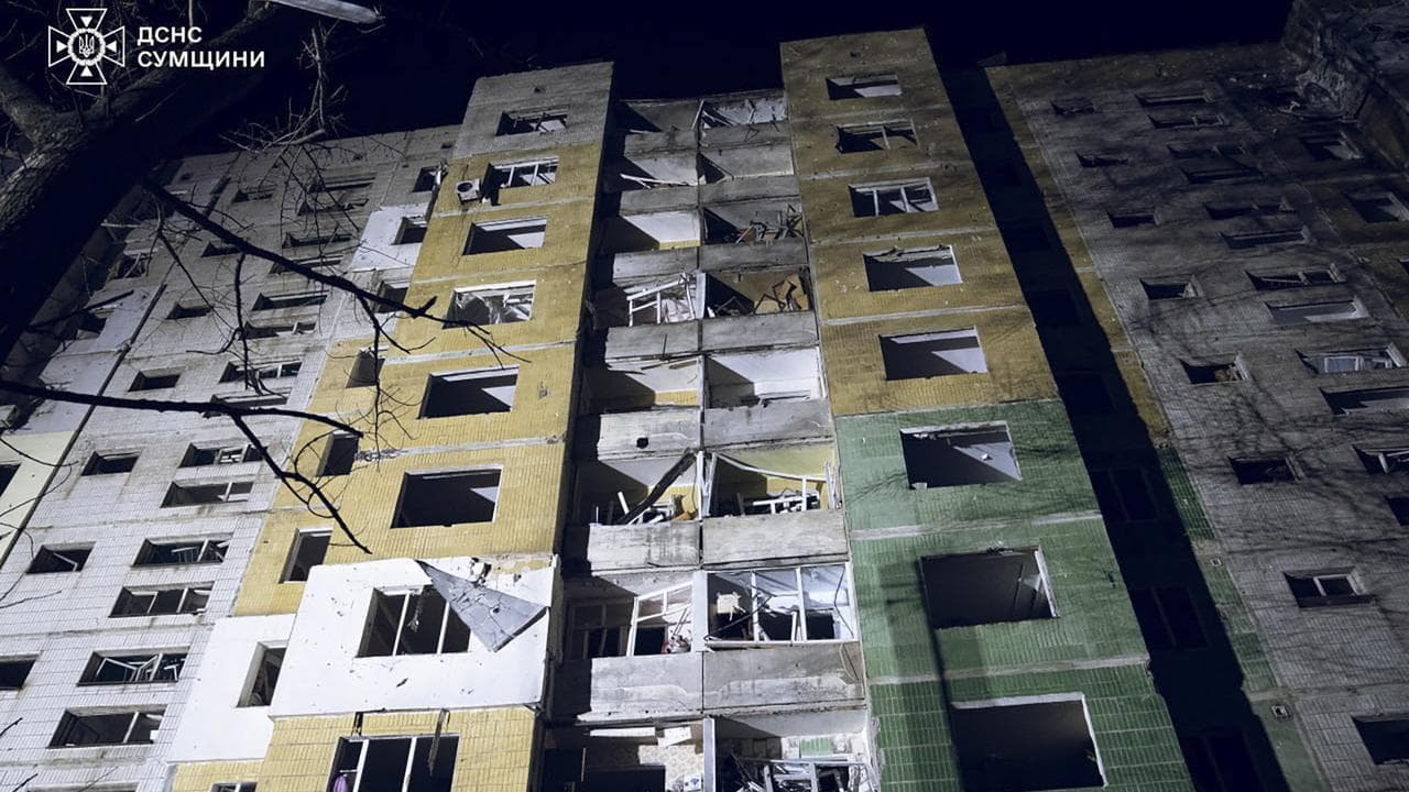 The damaged building in Sumy 