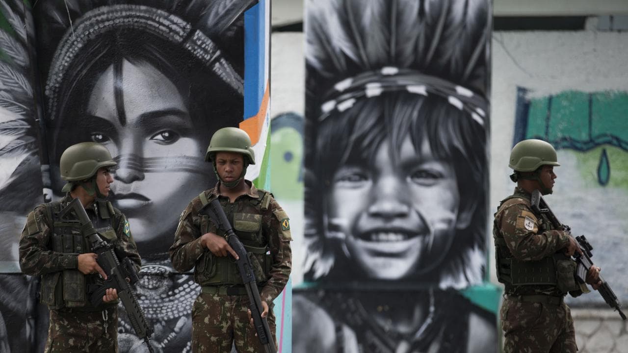 Soldiers patrol near the venue of the G20 summit in Rio de Janeiro