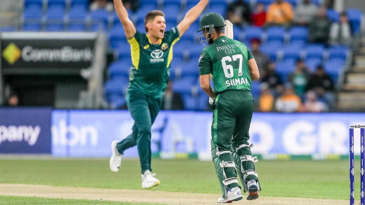 Salman Agha falls lbw to Aaron Hardie.