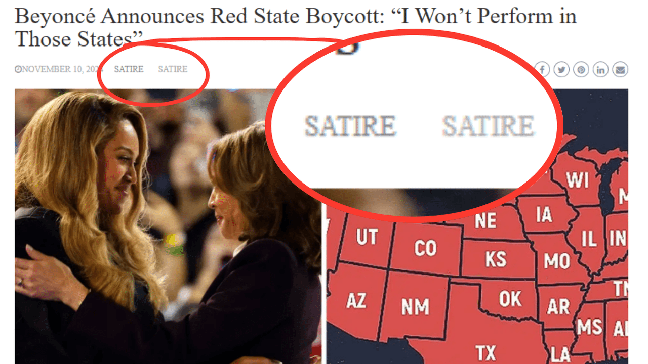 Fake 'SATIRE' story about Beyonce refusing to perform in red states