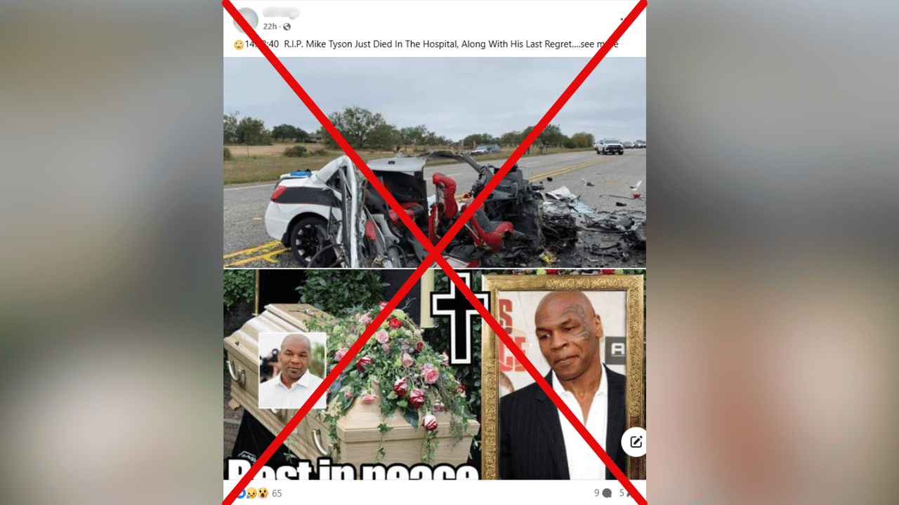 Crossed out Facebook post claiming Mike Tyson is dead.