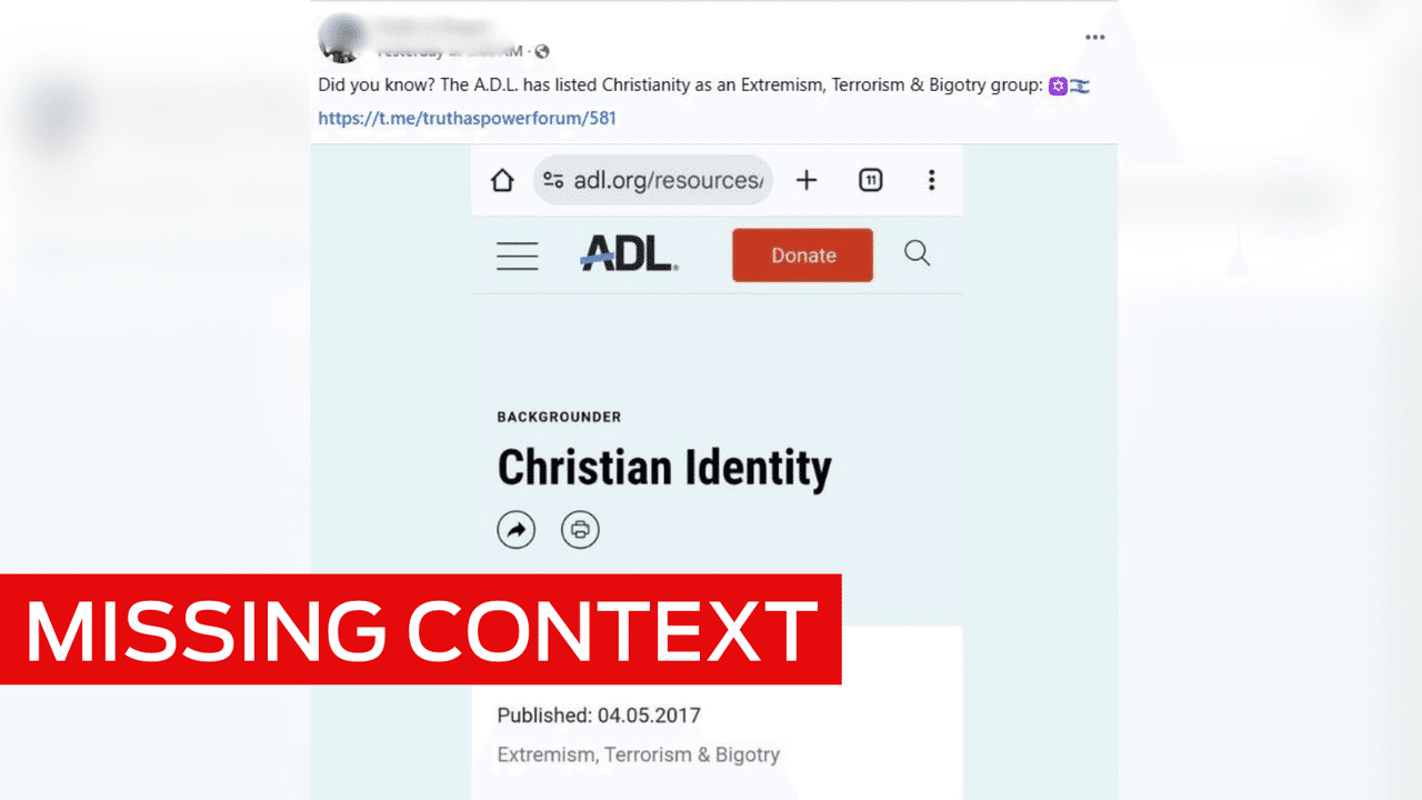 Crossed out FACEBOOK POST CLAIMING ADL CALLS CHRISTIANITY EXTREMIST