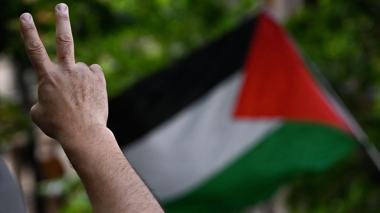 A Palestinian flag during a rally in Sydney