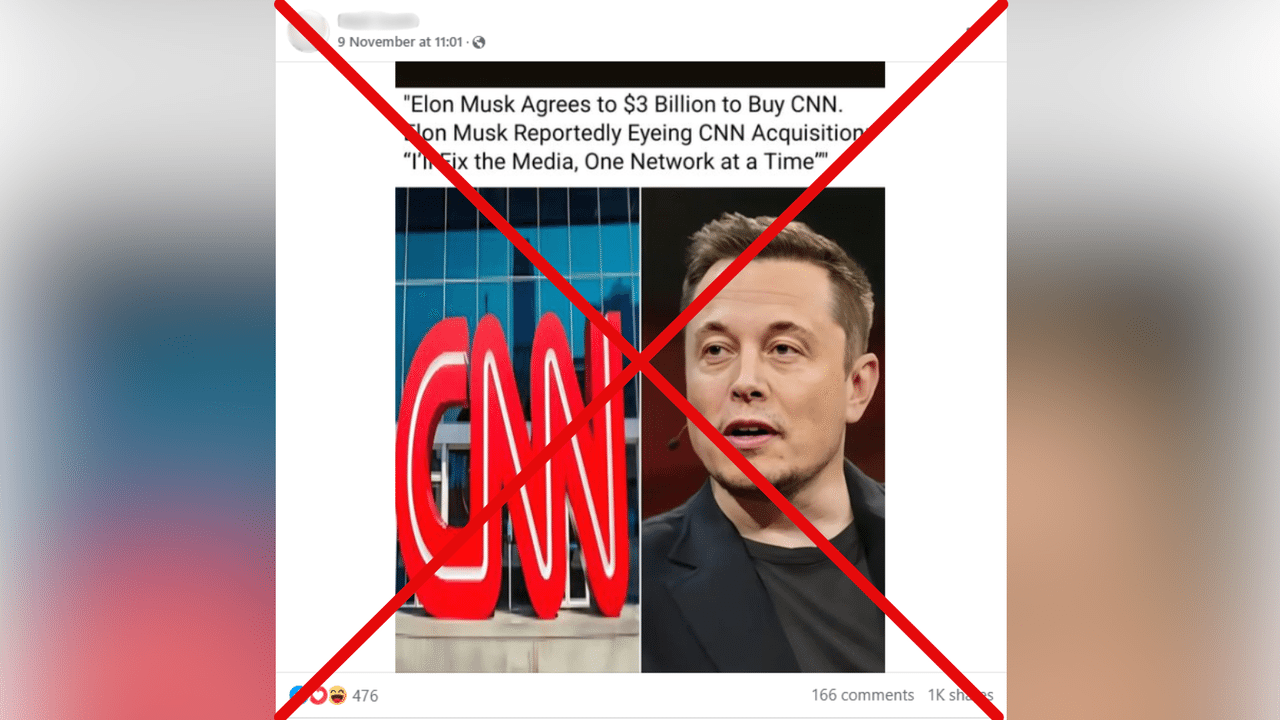 Crossed out Facebook post claiming Elon Musk's buying CNN.