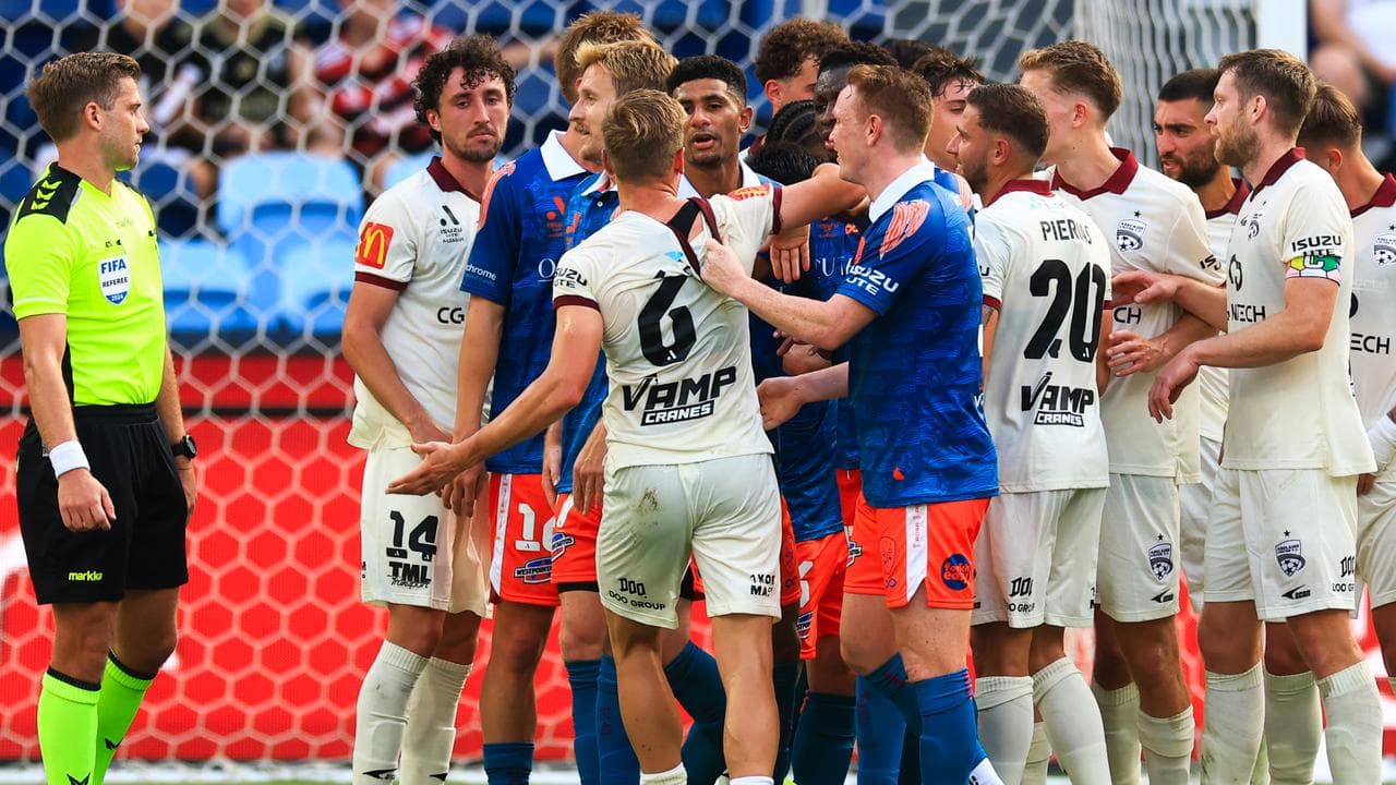 Players scuffled in the ALM match between Brisbane and Adelaide.