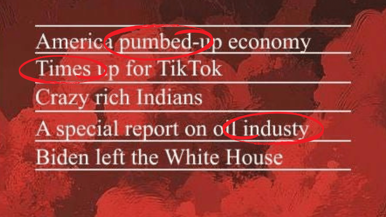 Close-up of errors in fake Economist cover