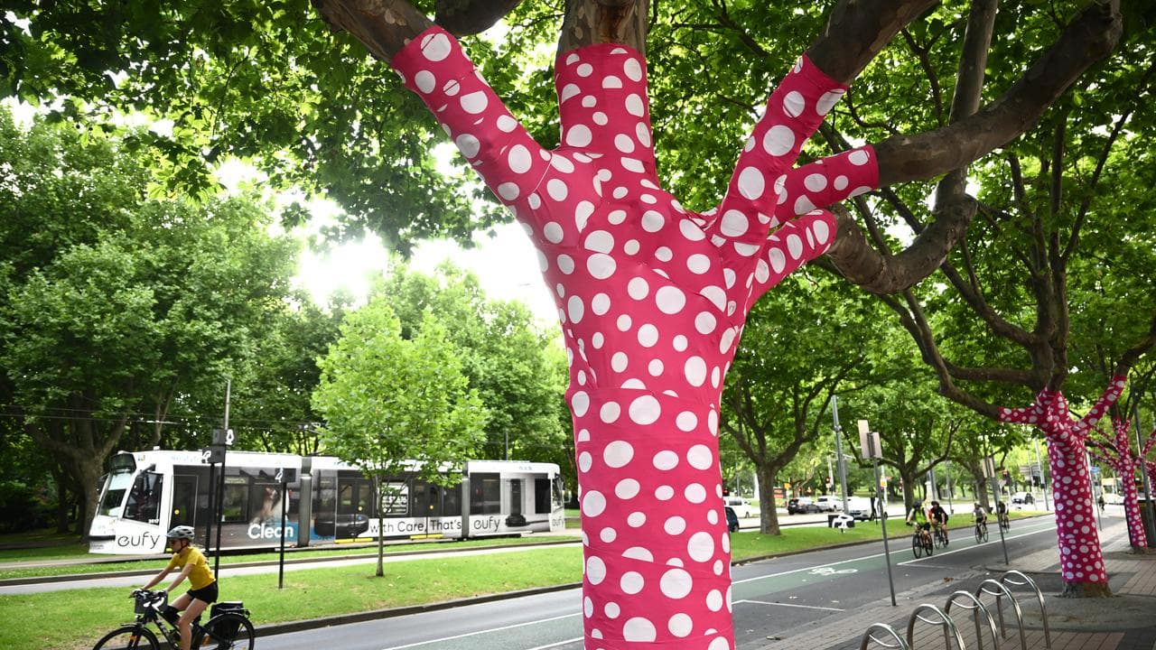 A public artwork of trees covered in polka dots