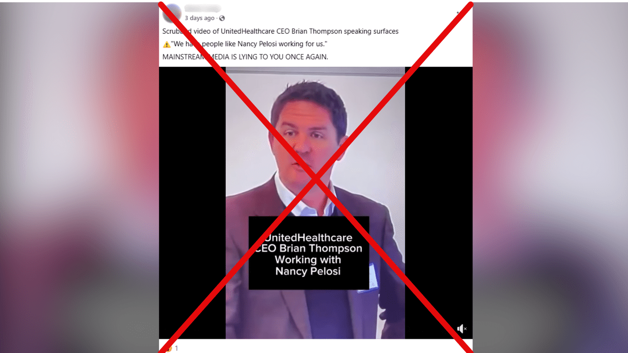 Facebook post with fake video of UnitedHealthcare CEO Brian Thompson.