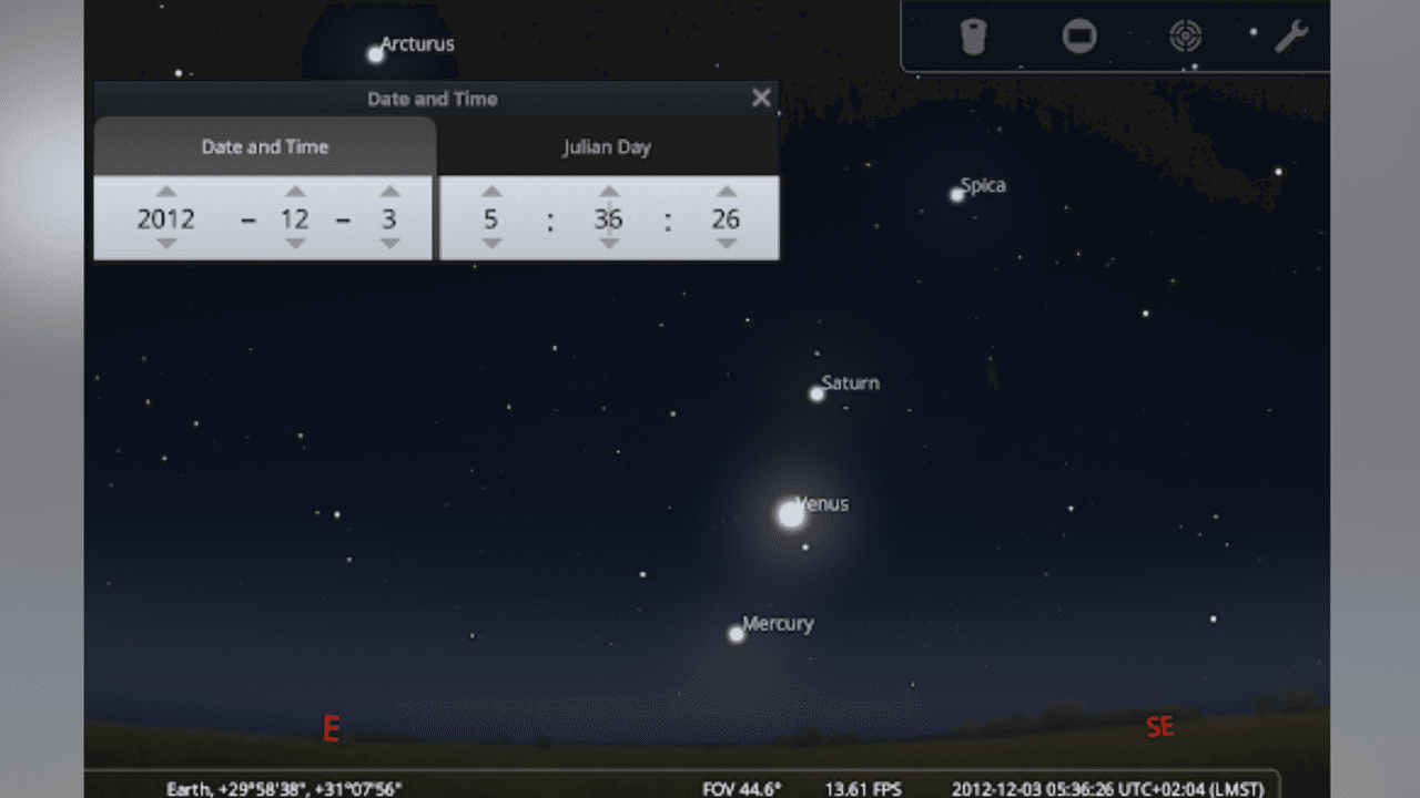 Stellarium image of Saturn, Venus and Mercury.