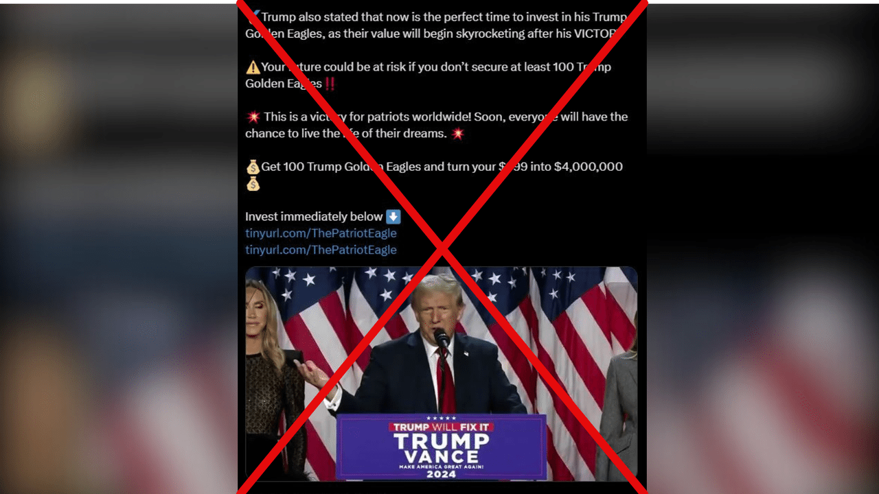 Screenshot  of an AI-manipulated video from Mr Trump's victory speech.