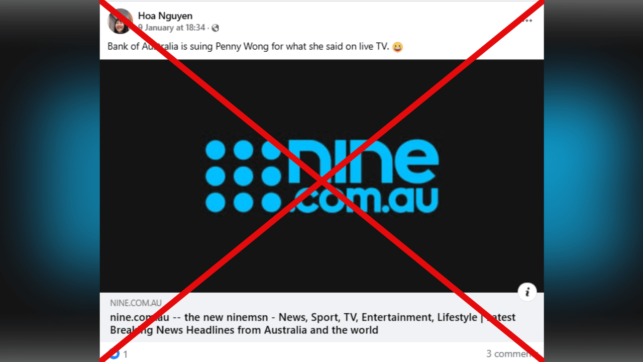 Facebook post linking to a fake News Corp article about Penny Wong