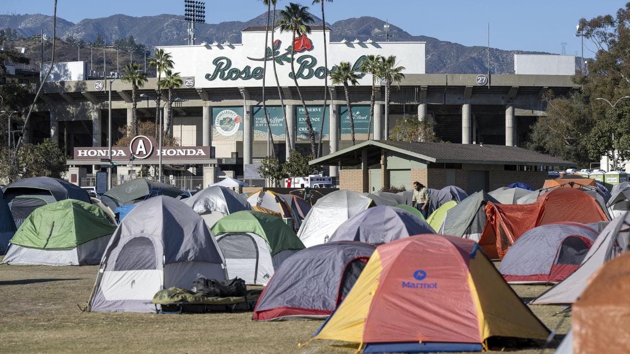 Tents for fire personnel at the Rose Bowl in Pasadena