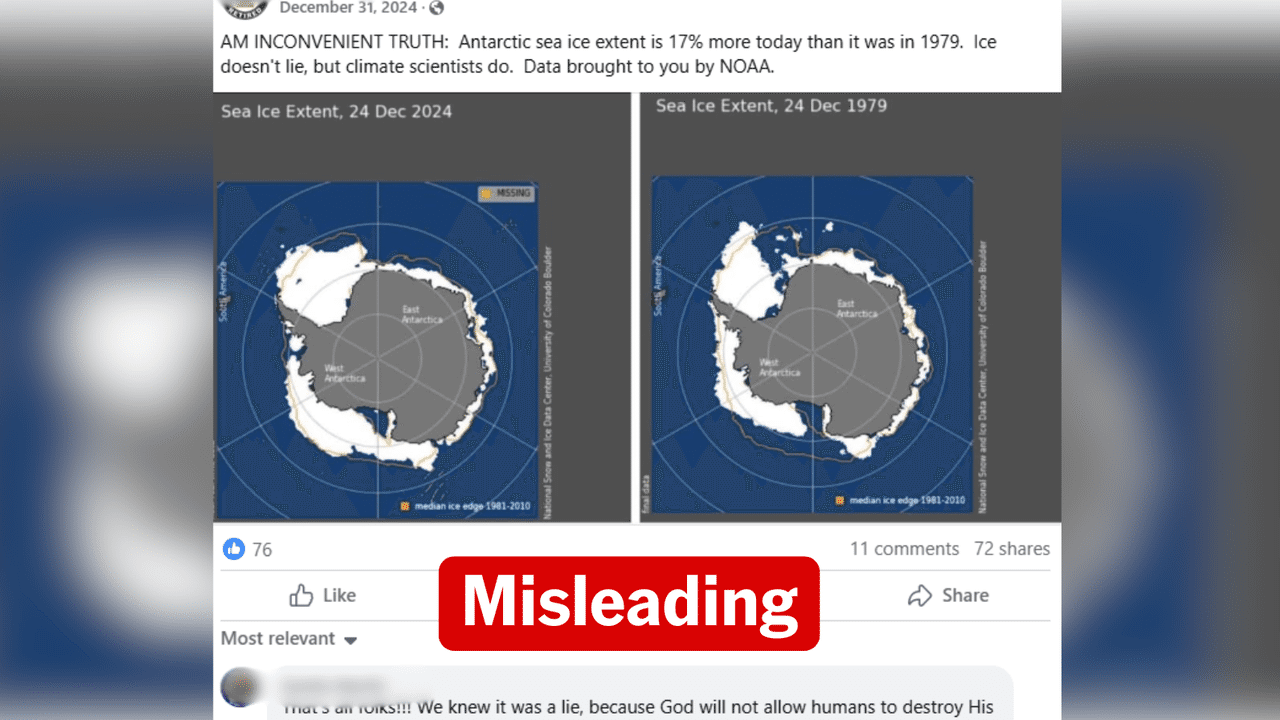 Screenshot of a misleading Facebook post about Antarctic ice.