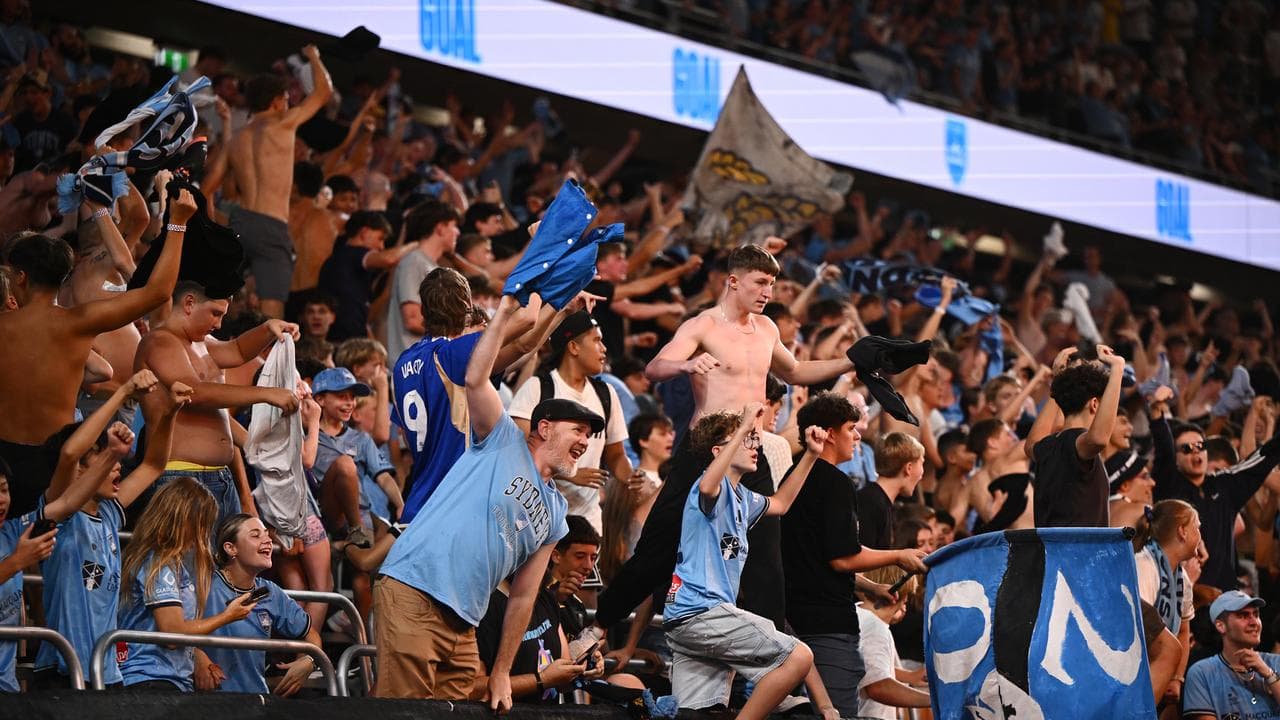 Sydney fans cheer after Anthony Caceres scored a late equaliser.
