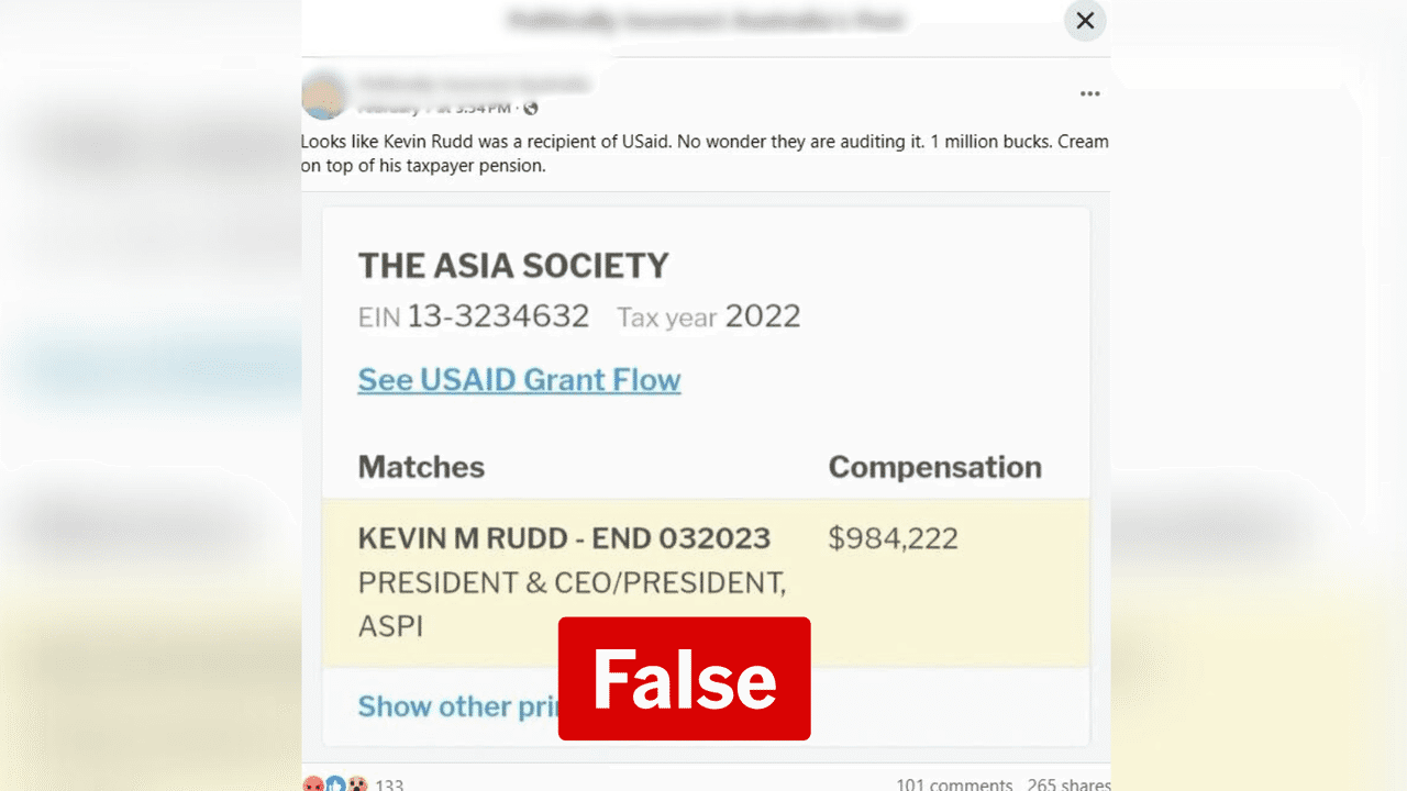 Screenshot of a Facebook post making false claims about Kevin Rudd.