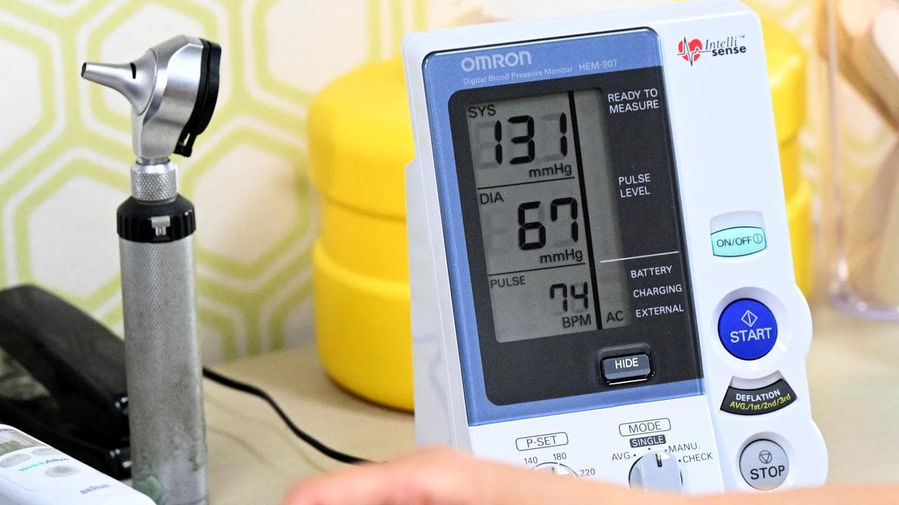 A blood pressure reading on a screen.