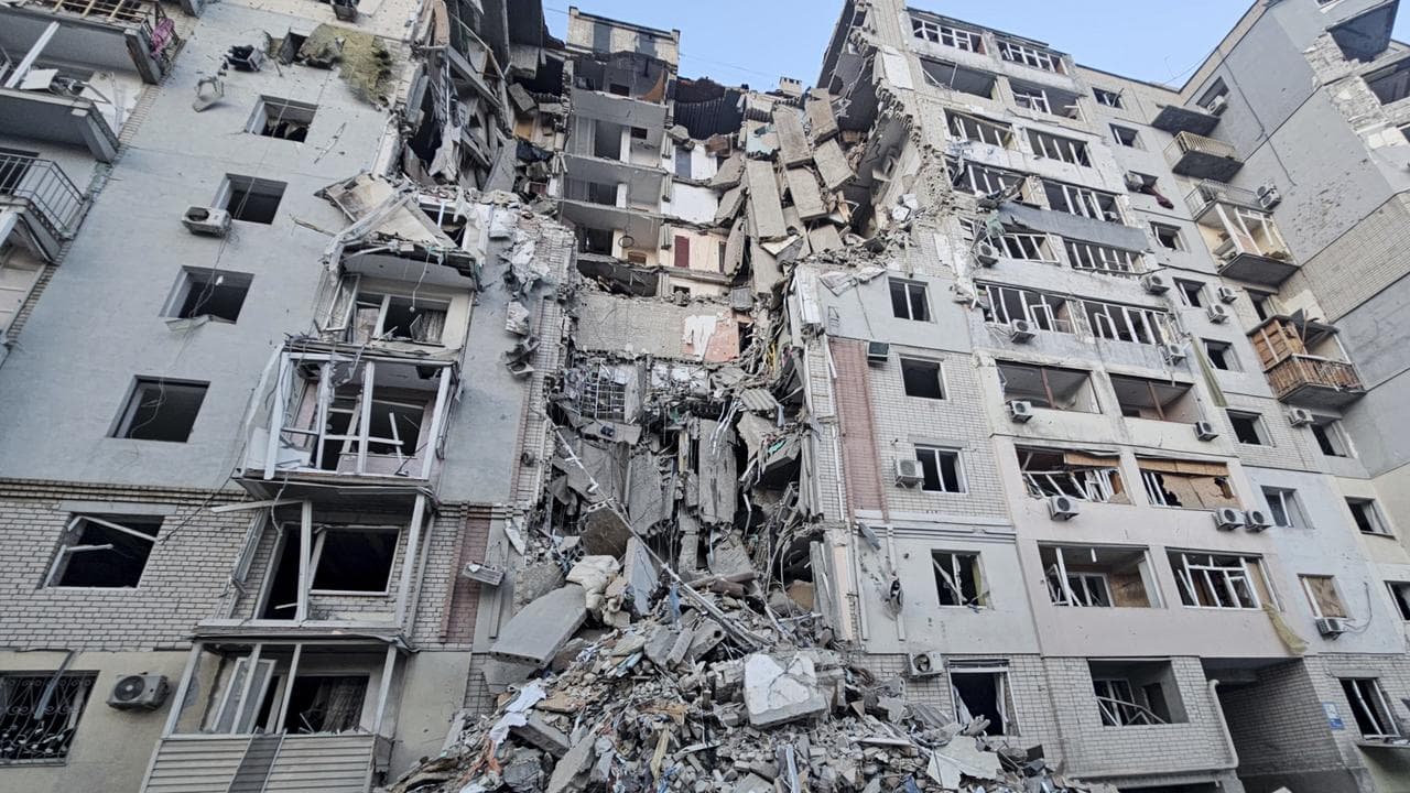 A building heavily damaged by a Russian strike in Kherson, Ukraine
