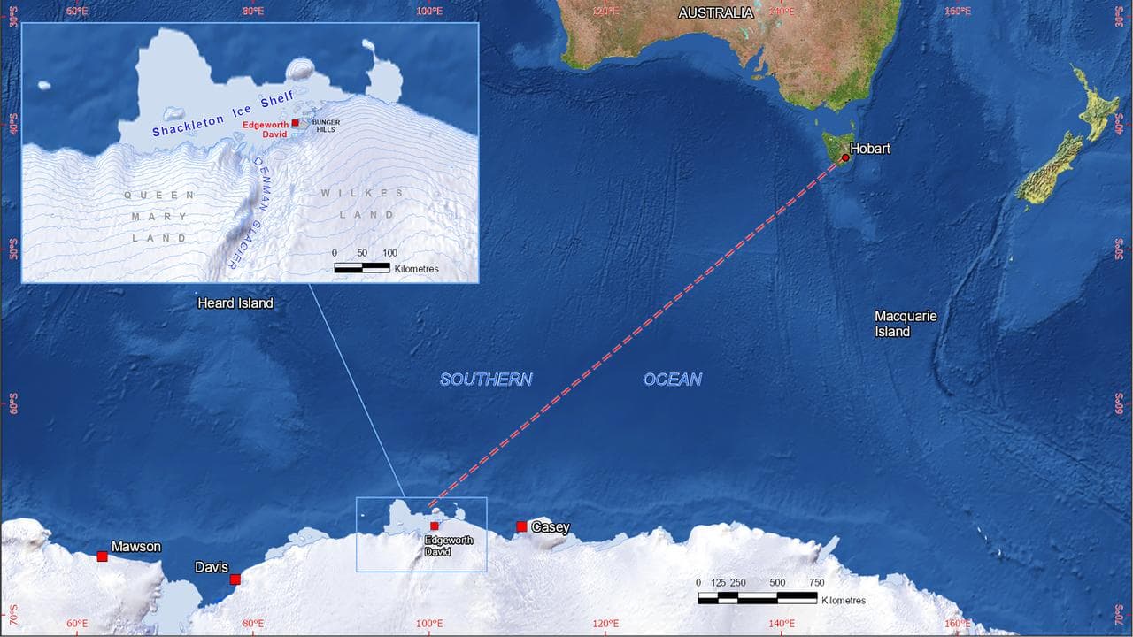 A map of the Denman Marine Voyage to the Denman Glacier region.