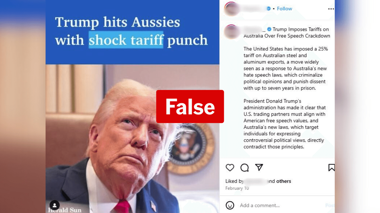 False Facebook post about Trump tariffs and Aus hate speech laws.