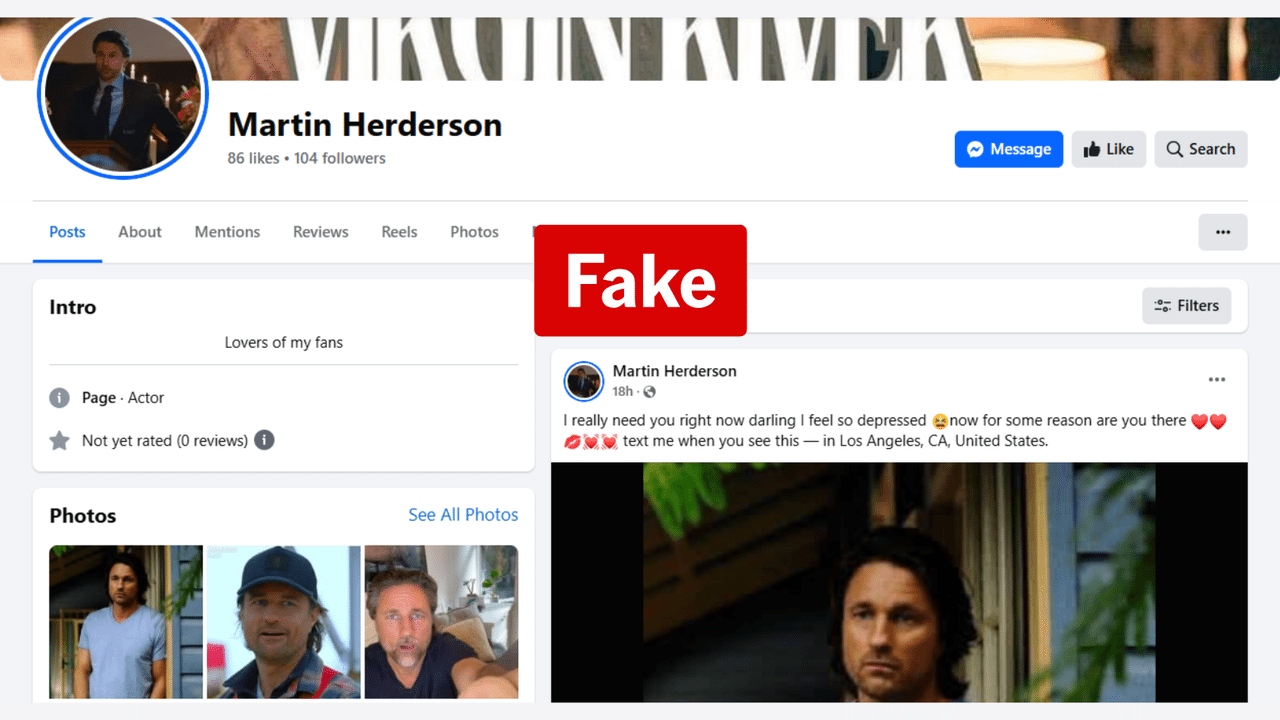 Fake Facebook page with Martin Henderson's name misspelled (Herderson)
