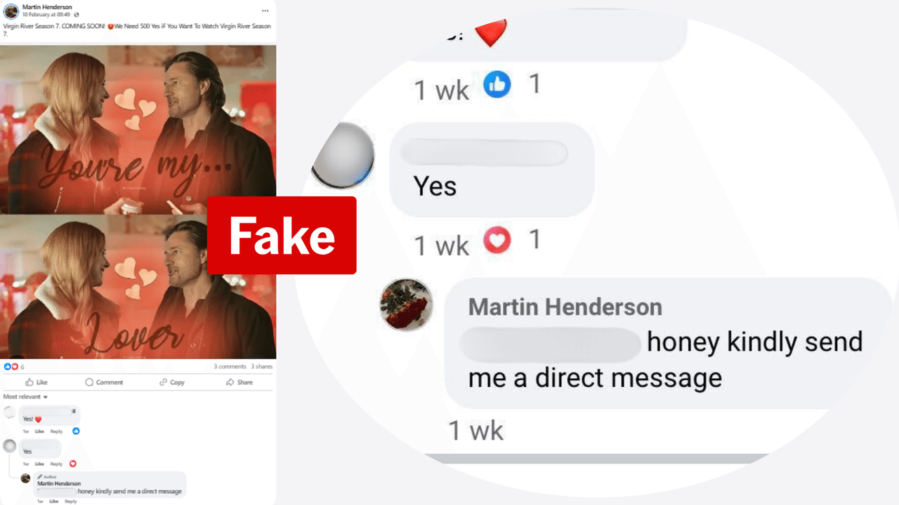Fake Martin Henderson Facebook post with message request
