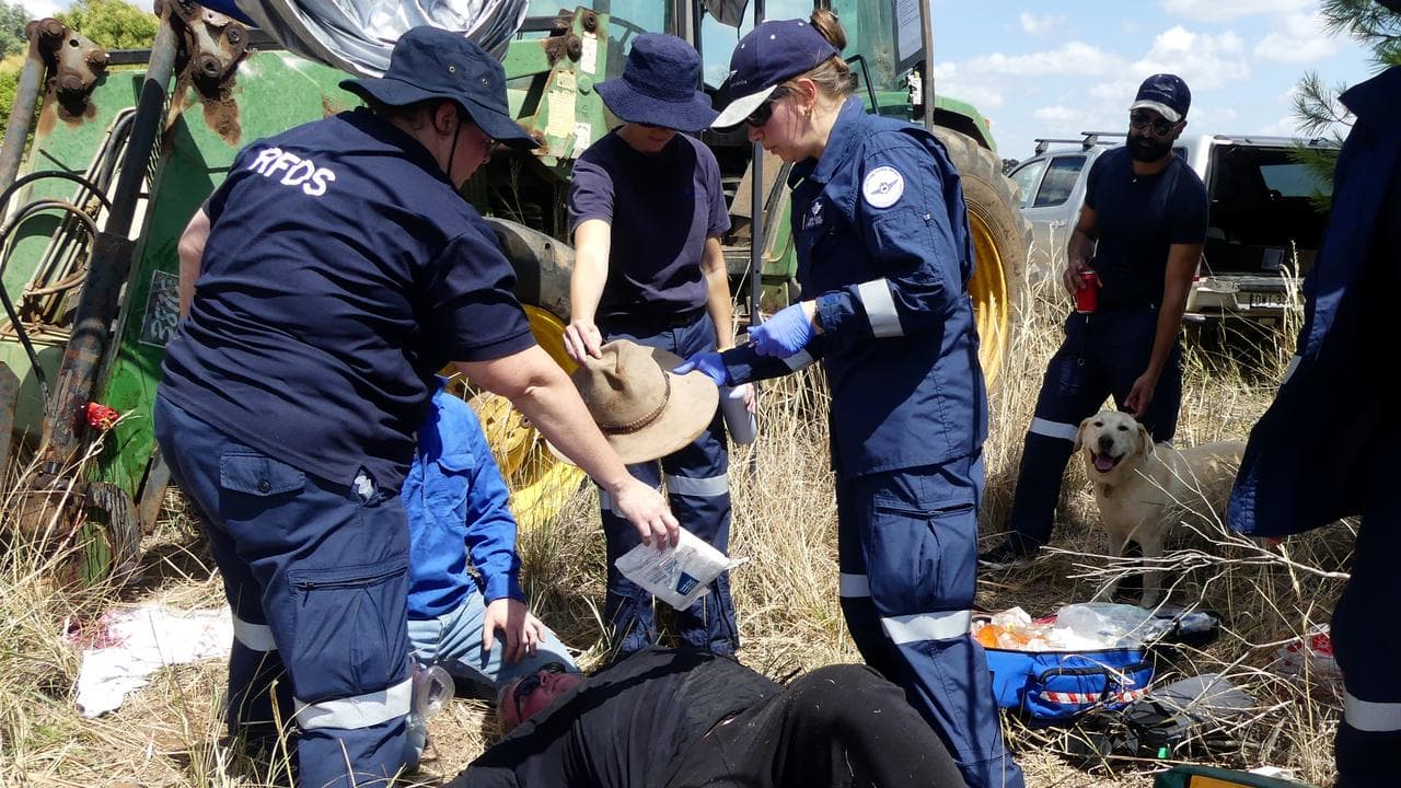 Medicos taking part in farm emergency simulations