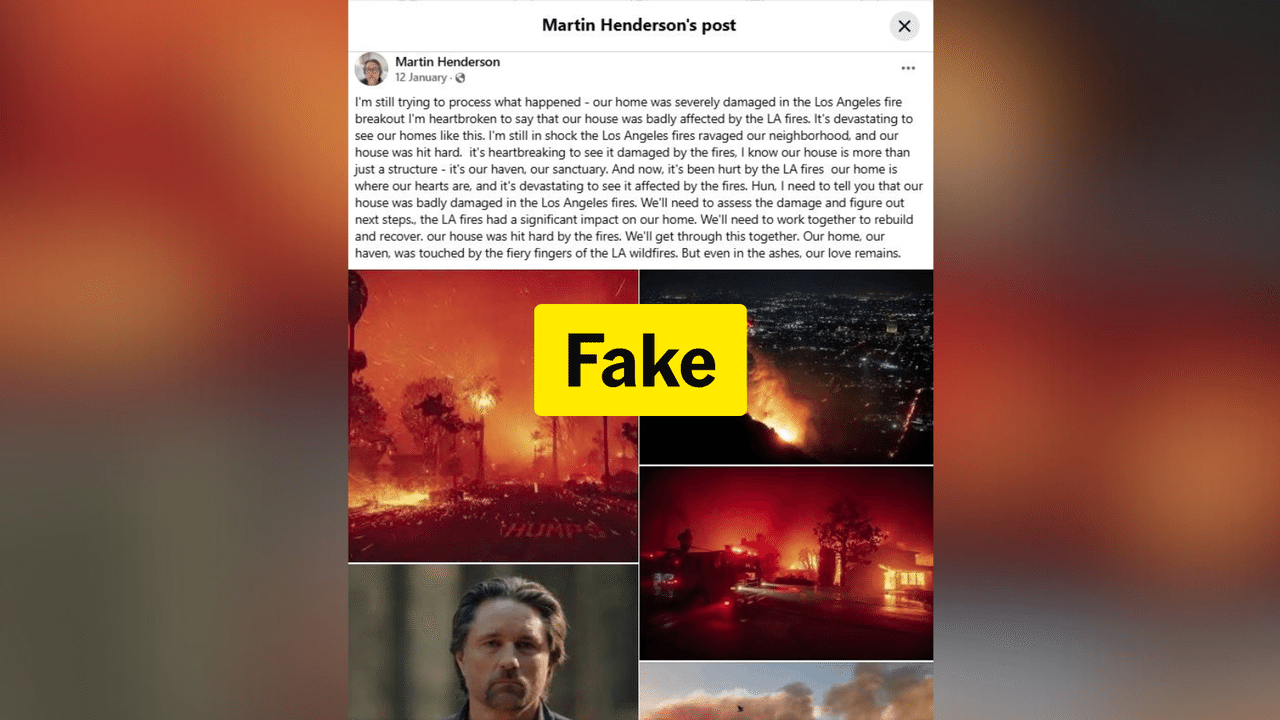 Fake Facebook post from Martin Henderson about fires