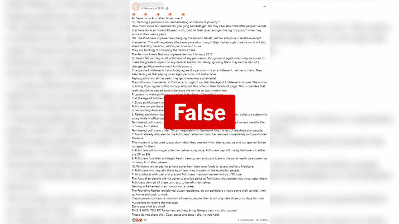 False Facebook post about changes to the pensions asset test