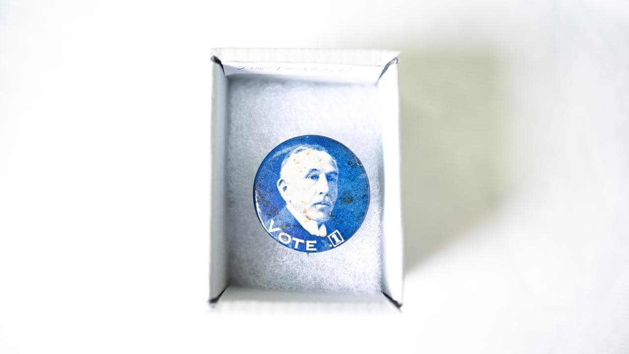 A Billy Hughes election button.