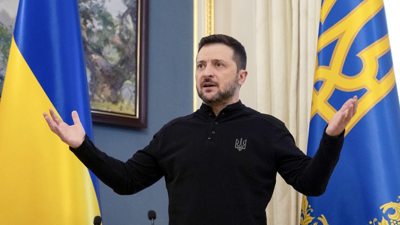 Volodymyr Zelenskiy at a  press conference in Kyiv.