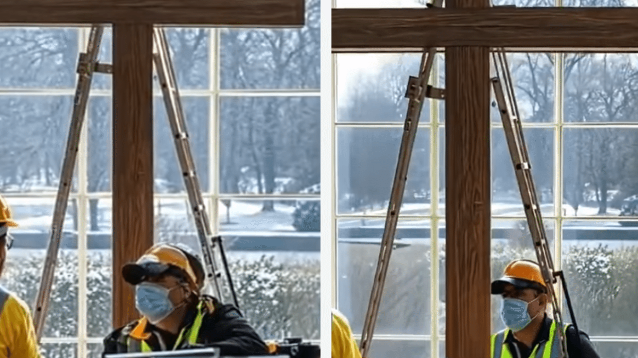 Close-ups of AI footage of huge cross installation in Oval Office.