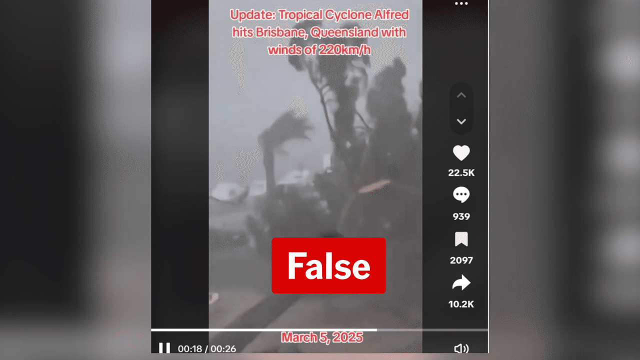 Screenshot of TikTok with false information about Cyclone Alfred